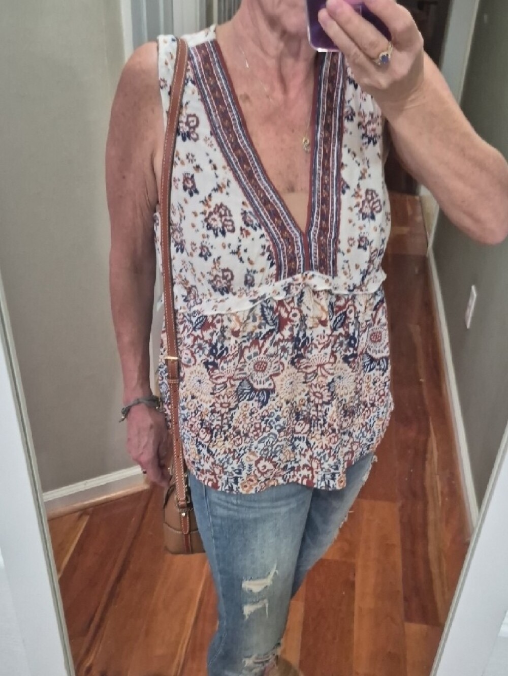 Lucky Brand Sleeveless V-Neck Printed Peasant Top